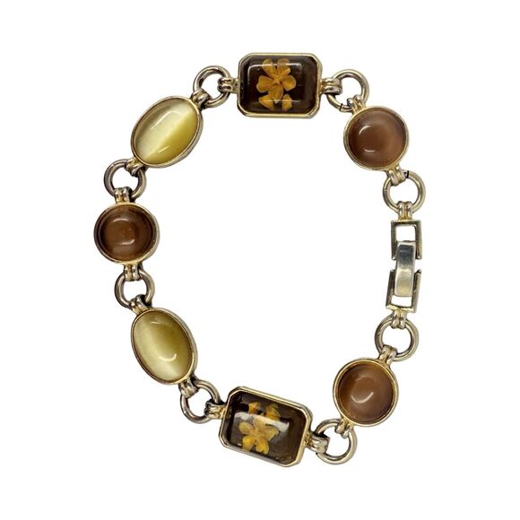 Vintage Brown & Gold Pressed Flower Chain link Bracelet 7.25" Cottagecore Boho - Picture 7 of 11